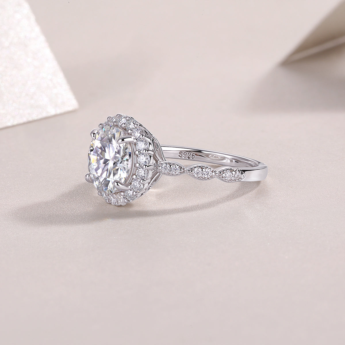 Round Moissanite Halo Ring with Twisted Pave Band in 925 Silver