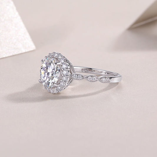Round Moissanite Halo Ring with Twisted Pave Band in 925 Silver