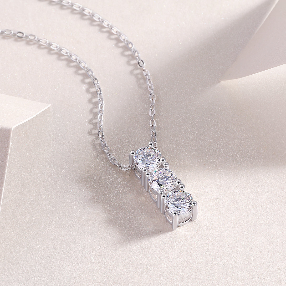 Three-Stone Round Moissanite Bar Pendant Necklace in 925 Sterling Silver