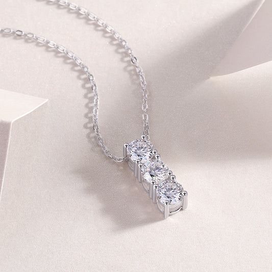Three-Stone Round Moissanite Bar Pendant Necklace in 925 Sterling Silver