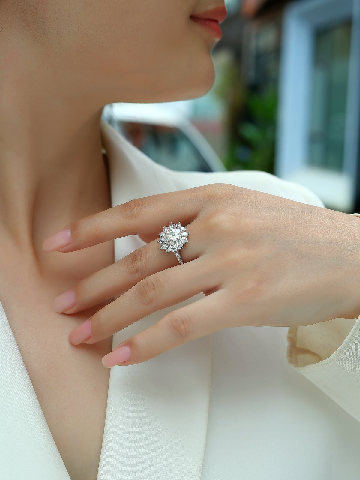 Round Moissanite Sunflower Halo Ring with Pear Petals in 925 Silver - worn