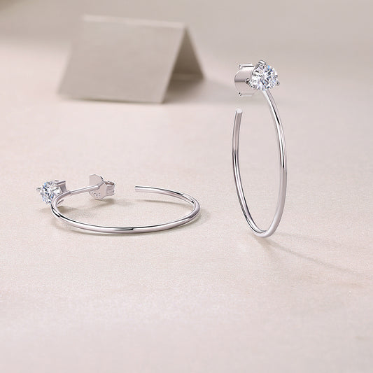 Round Moissanite Three-Prong Solitaire Hoop Earrings in 925 Silver