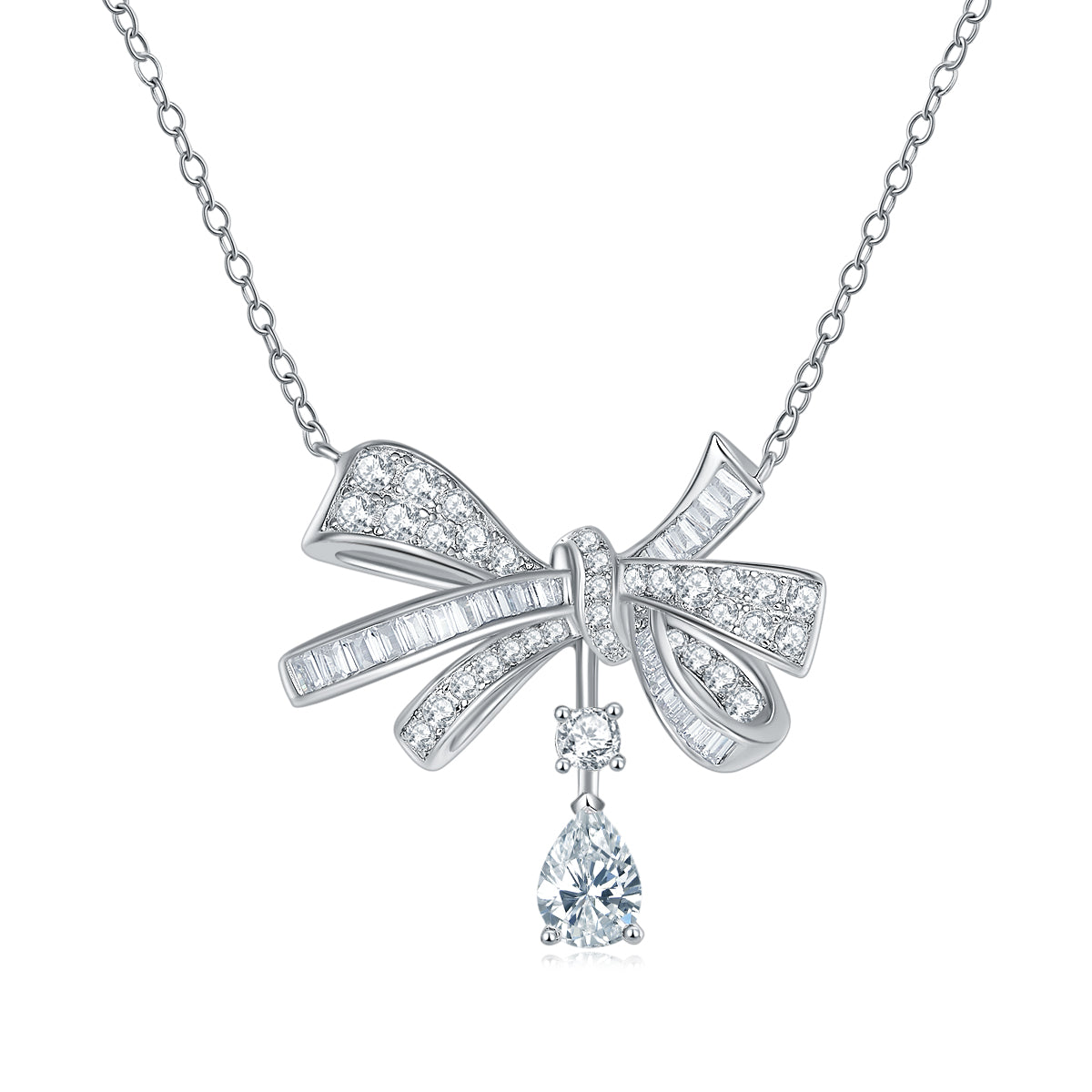 Moissanite Pave Bow Pendant Necklace with Pear Drop in 925 Silver