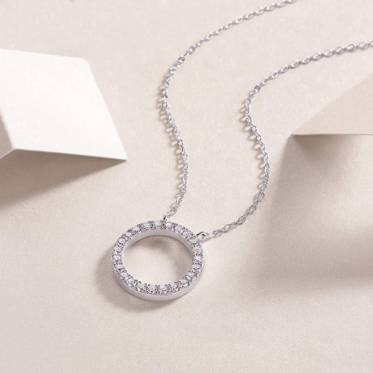 Pave Moissanite Open Circle Pendant Necklace in 925 Sterling Silver