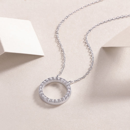Pave Moissanite Open Circle Pendant Necklace in 925 Sterling Silver