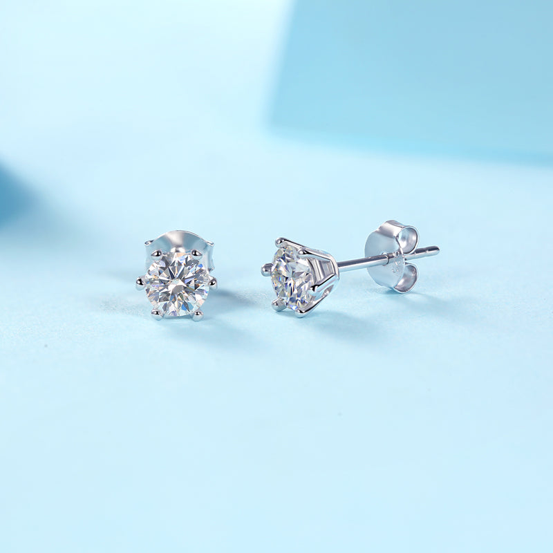 Round Moissanite Six-Prong Stud Earrings in 925 Sterling Silver