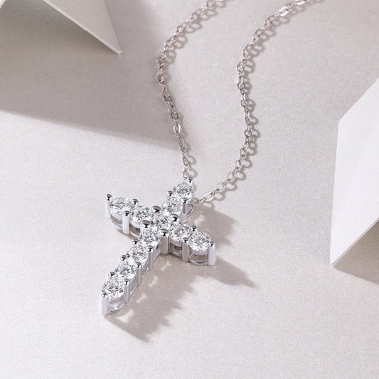Round Moissanite Cross Pendant Necklace in 925 Sterling Silver