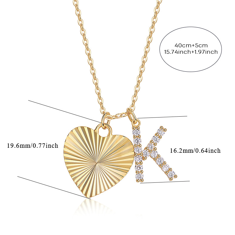 Moissanite Pave Initial and Fluted Heart Necklace in Gold-Plated 925 Silver - size chart