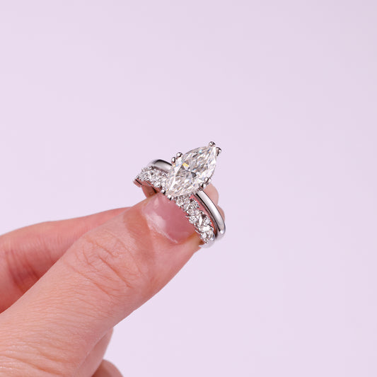 Marquise Moissanite Solitaire and Marquise Band Set in 925 Silver - worn