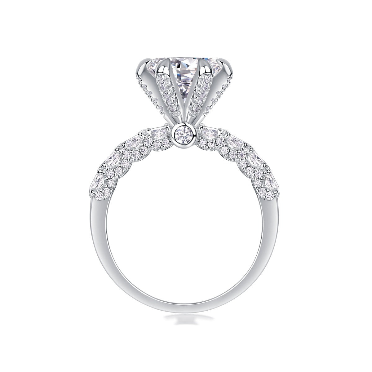 Round Moissanite Six-Prong Solitaire with Patterned Pave Band in 925 Silver