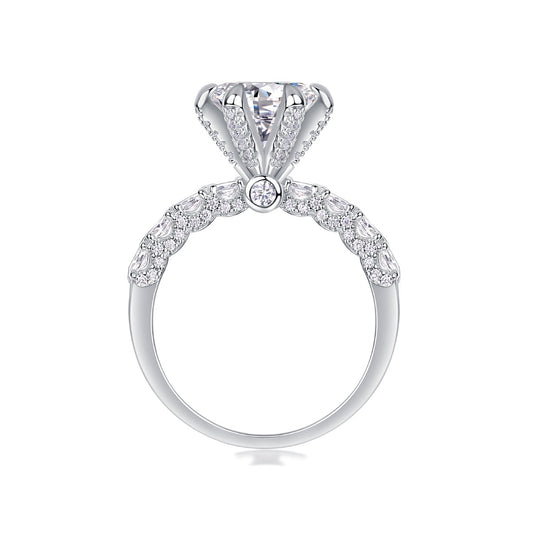 Round Moissanite Six-Prong Solitaire with Patterned Pave Band in 925 Silver