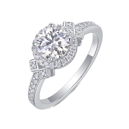Round Moissanite Halo Ring with Geometric Side Accents in 925 Silver