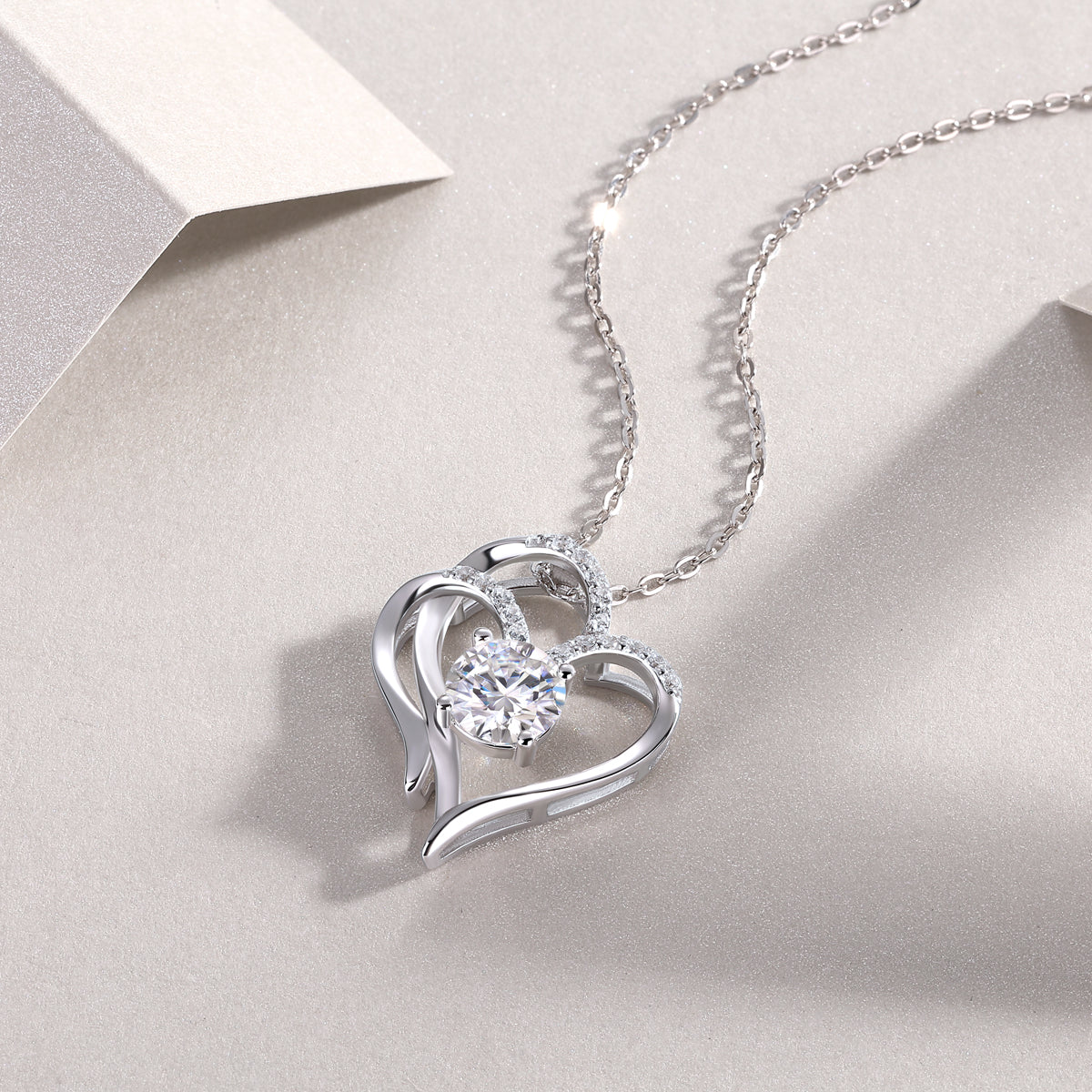 Moissanite Interlocking Hearts Pendant Necklace in 925 Sterling Silver