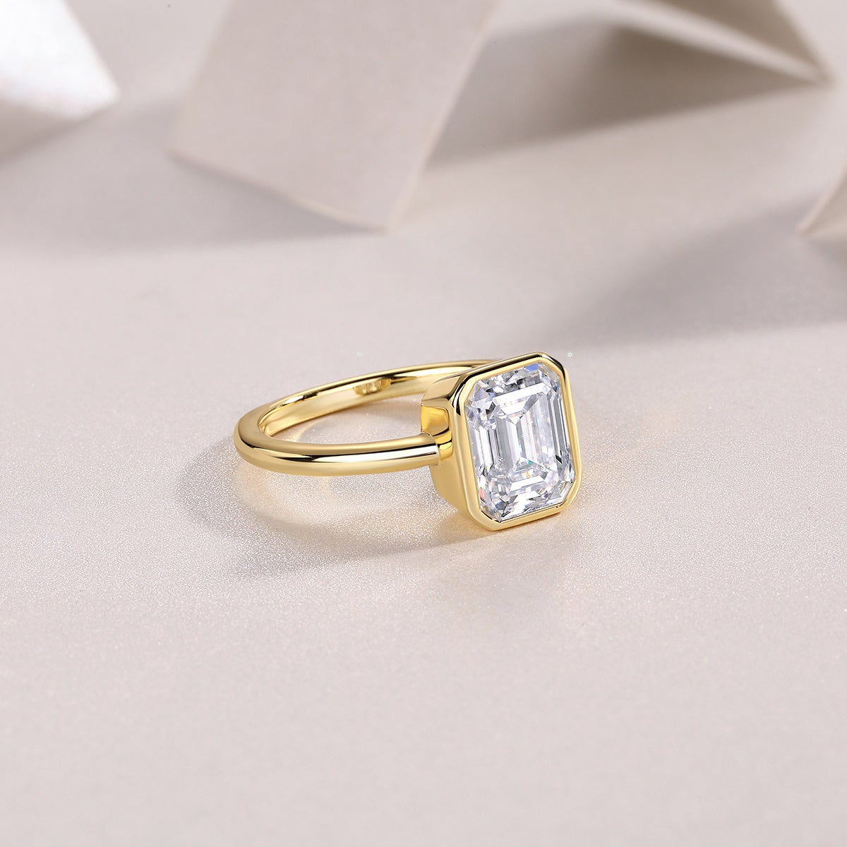 Emerald-Cut Moissanite Bezel Solitaire Ring in Gold-Plated 925 Silver