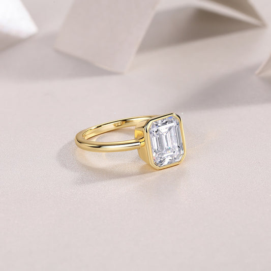 Emerald-Cut Moissanite Bezel Solitaire Ring in Gold-Plated 925 Silver