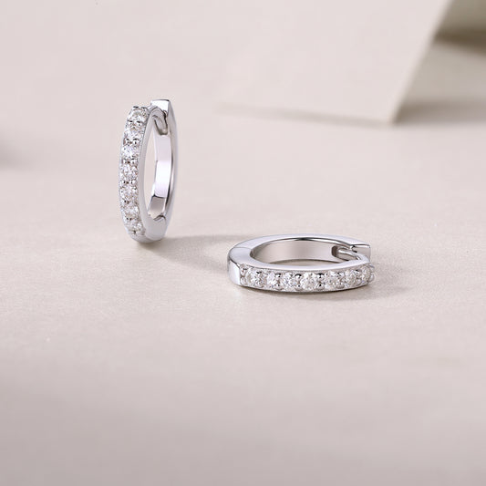 Moissanite Single-Row Pave Huggie Hoop Earrings in 925 Silver