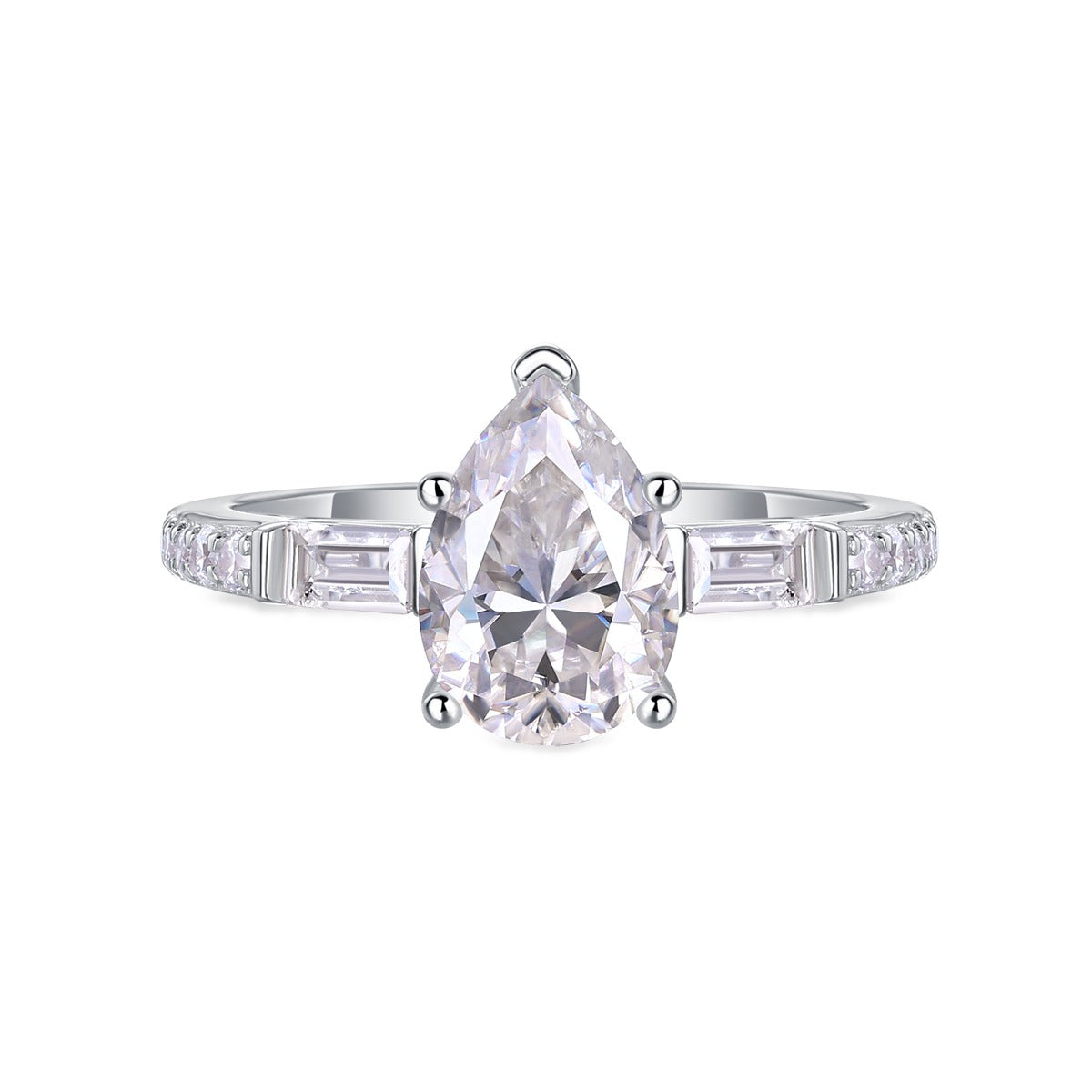 Pear Moissanite Ring with Baguette Side Stones in 925 Sterling Silver