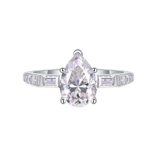 Pear Moissanite Ring with Baguette Side Stones in 925 Sterling Silver
