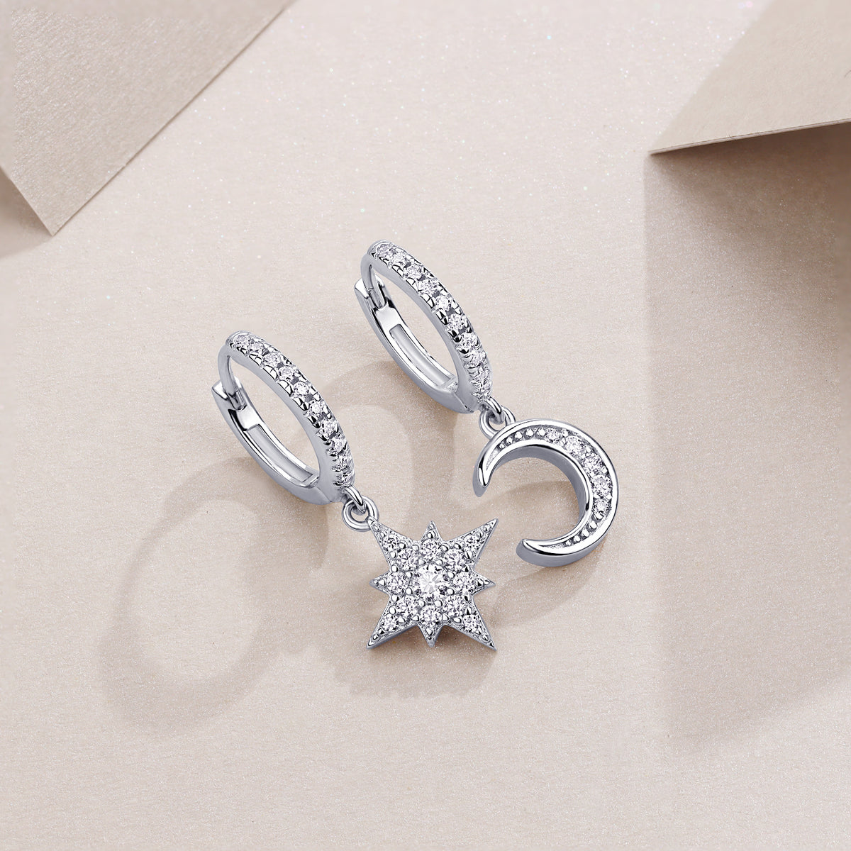 Moissanite Moon and Star Mismatched Huggie Drop Earrings in 925 Silver
