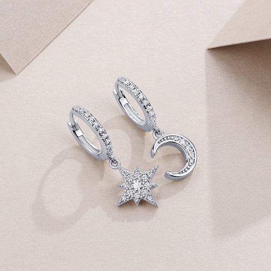 Moissanite Moon and Star Mismatched Huggie Drop Earrings in 925 Silver