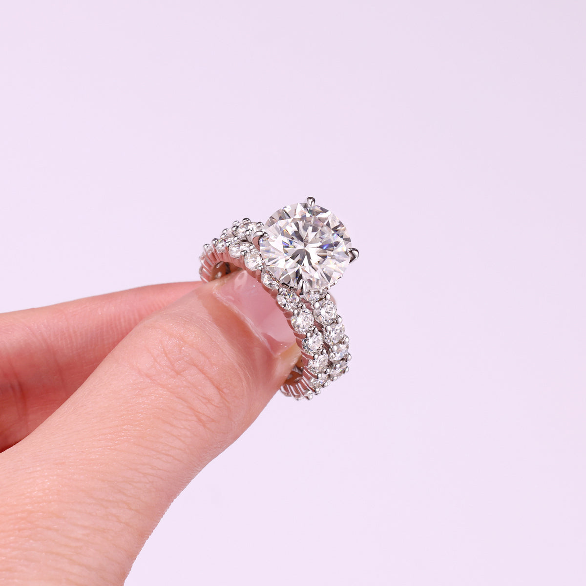 Round Moissanite Engagement Ring and Eternity Band Bridal Set in 925 Silver - worn