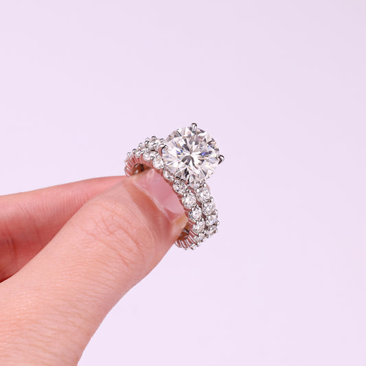 Round Moissanite Engagement Ring and Eternity Band Bridal Set in 925 Silver - worn