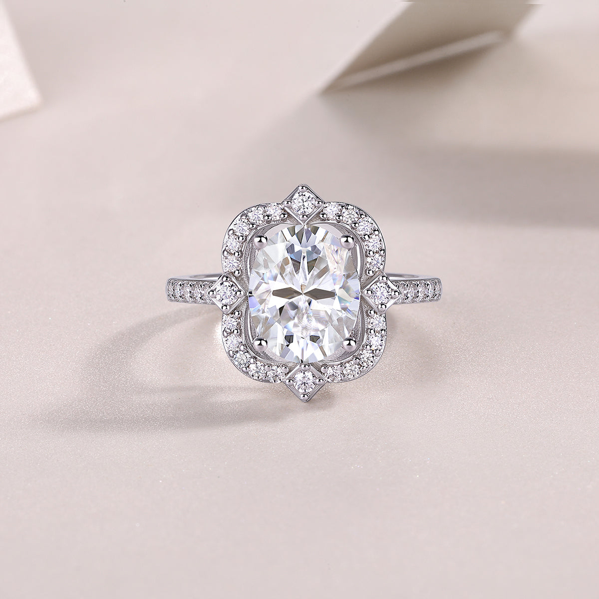 Oval Moissanite Ring with Floral Pave Halo in 925 Sterling Silver