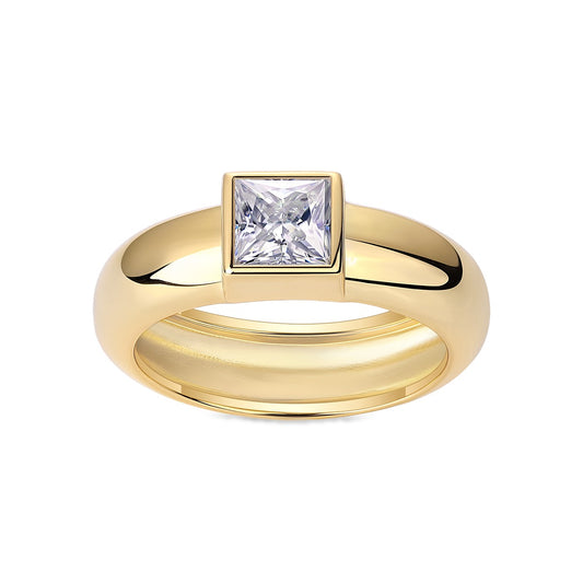 Princess-Cut Moissanite Bezel Dome Ring in Gold-Plated 925 Silver