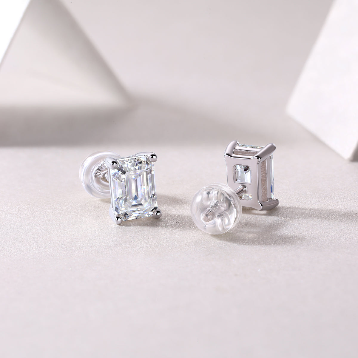 Emerald-Cut Moissanite Four-Prong Stud Earrings in 925 Sterling Silver