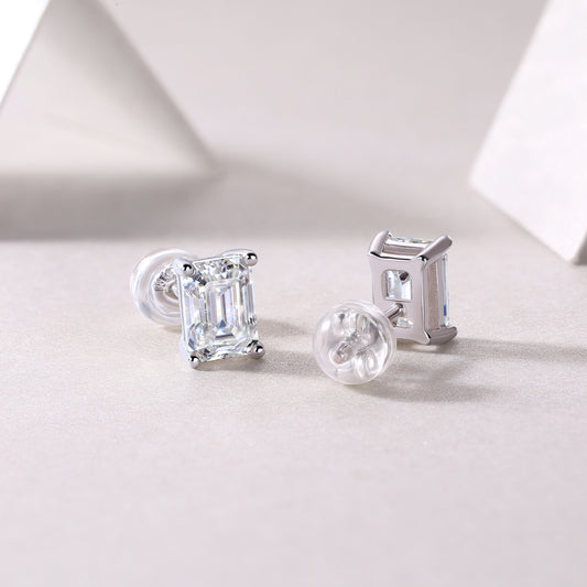 Emerald-Cut Moissanite Four-Prong Stud Earrings in 925 Sterling Silver