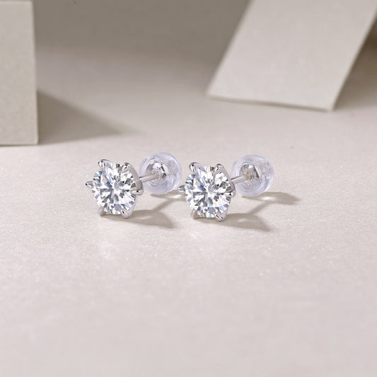 Classic Six-Prong Round Moissanite Stud Earrings in 925 Sterling Silver
