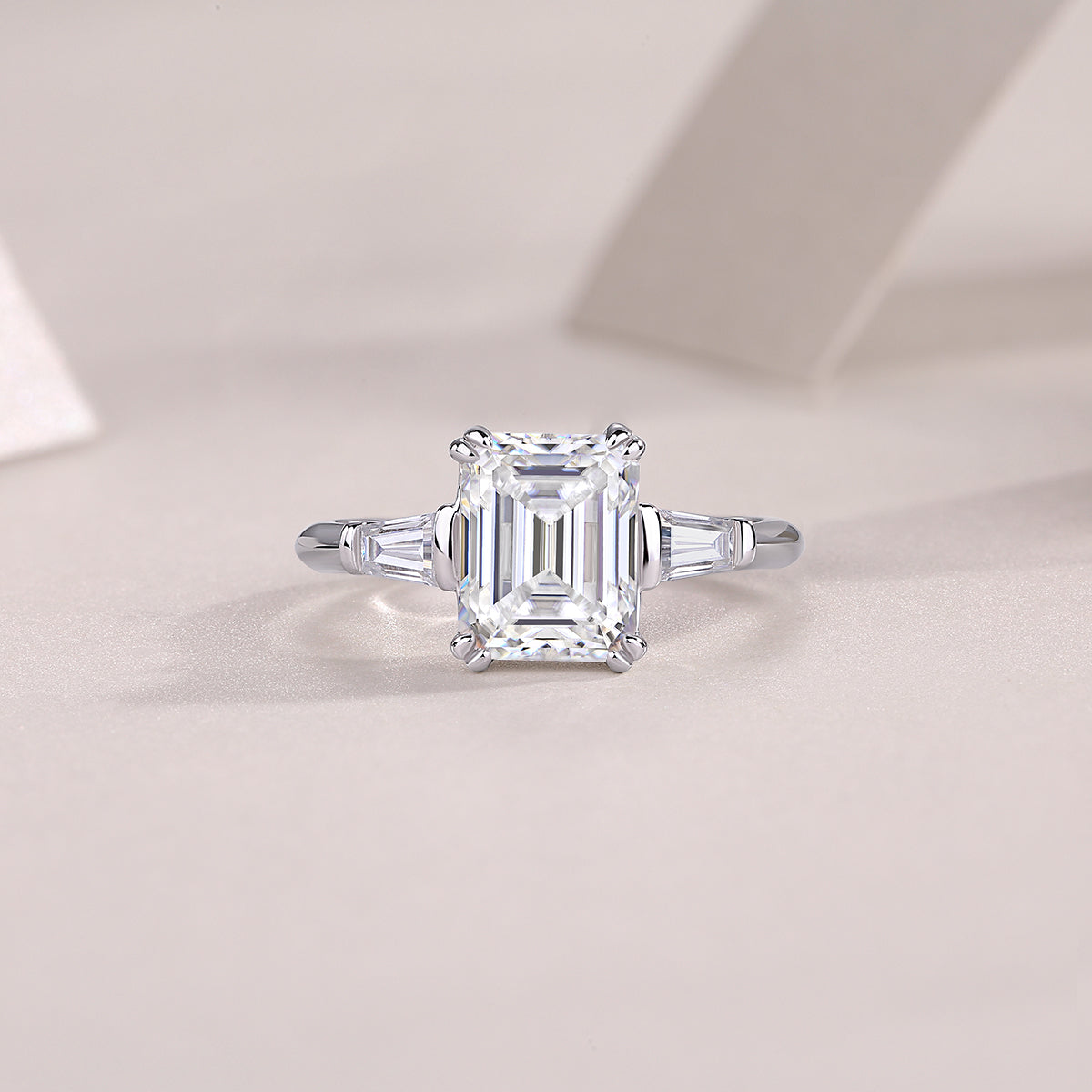Emerald-Cut Moissanite Ring with Tapered Baguettes in 925 Silver
