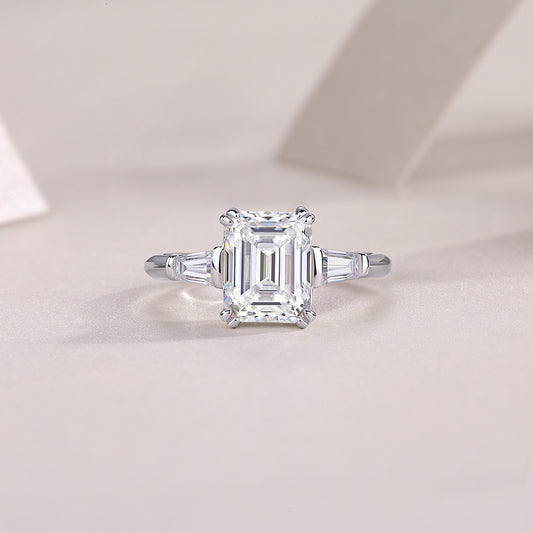 Emerald-Cut Moissanite Ring with Tapered Baguettes in 925 Silver