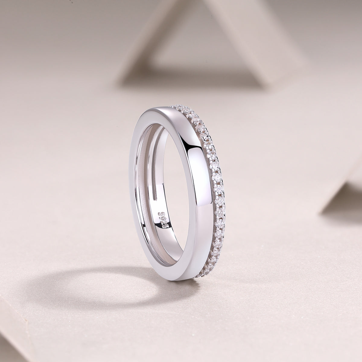 Moissanite Slim Pave and Polished Stacked Band in 925 Sterling Silver