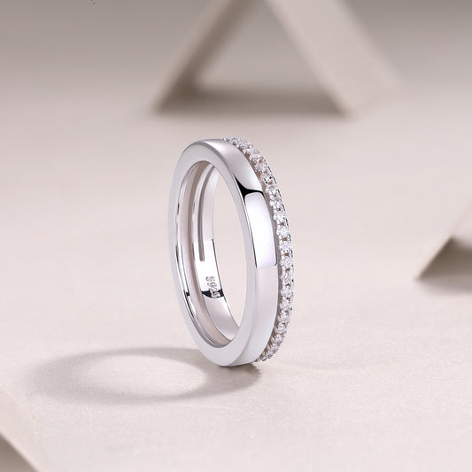 Moissanite Slim Pave and Polished Stacked Band in 925 Sterling Silver