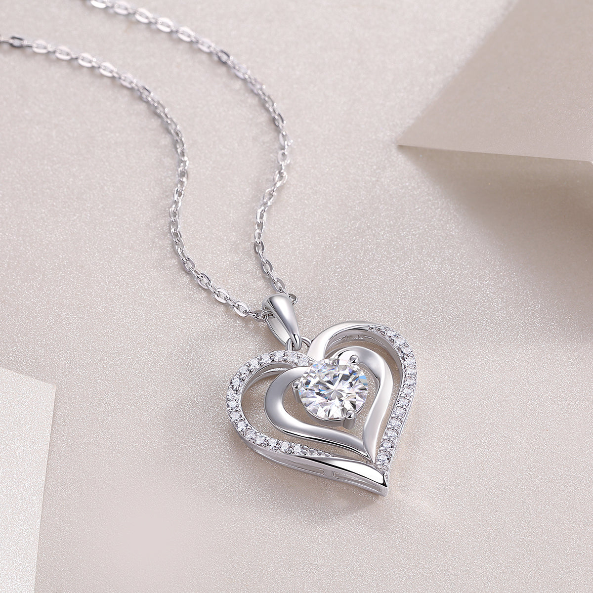 Moissanite Double Heart Pendant Necklace in 925 Sterling Silver
