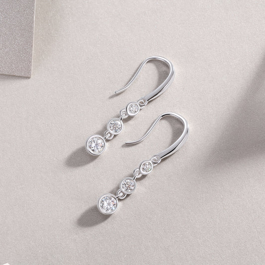 Round Moissanite Triple Bezel Drop Earrings in 925 Sterling Silver