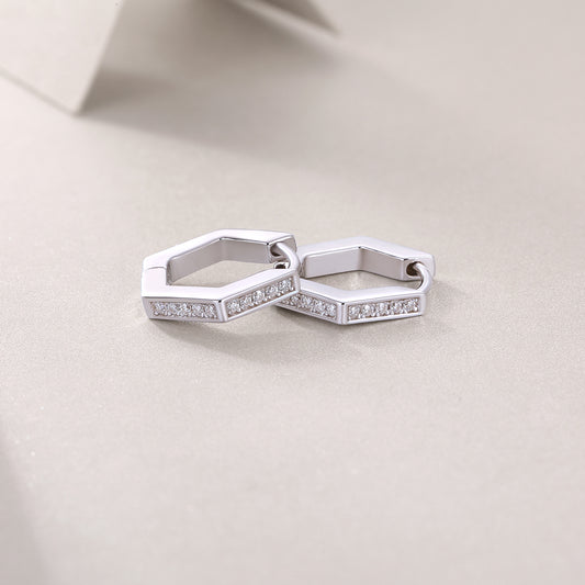 Moissanite Pave Hexagon Huggie Hoop Earrings in 925 Sterling Silver