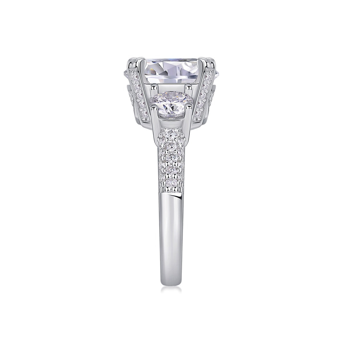 Round Moissanite Three-Stone Ring with Pave Band in 925 Sterling Silver