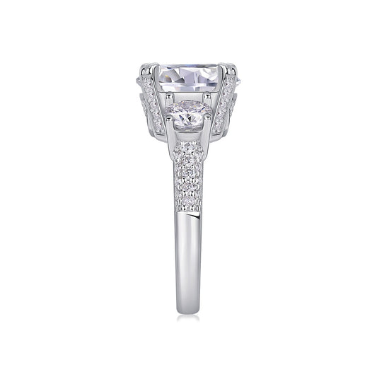 Round Moissanite Three-Stone Ring with Pave Band in 925 Sterling Silver