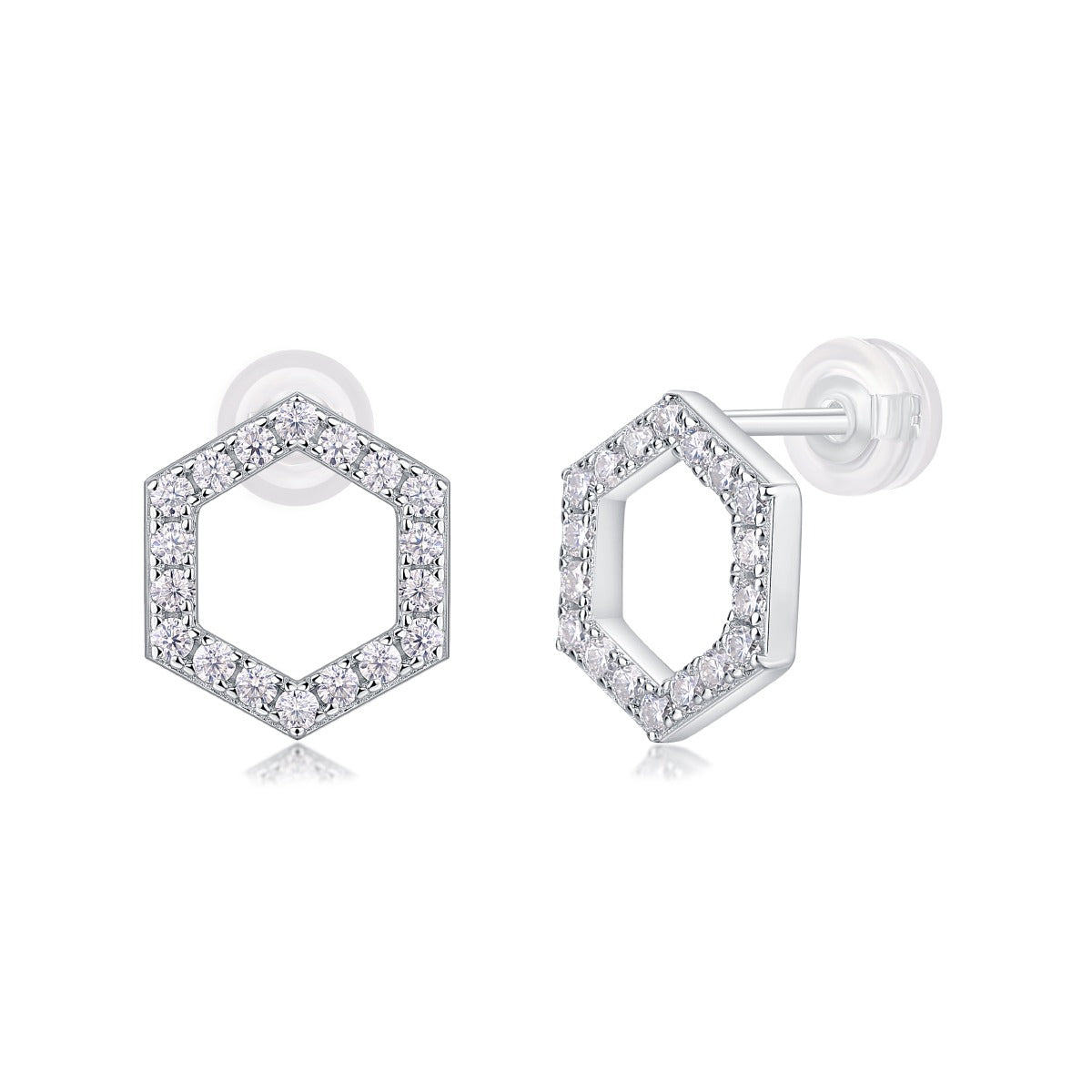 Moissanite Pave Open Hexagon Stud Earrings in 925 Sterling Silver