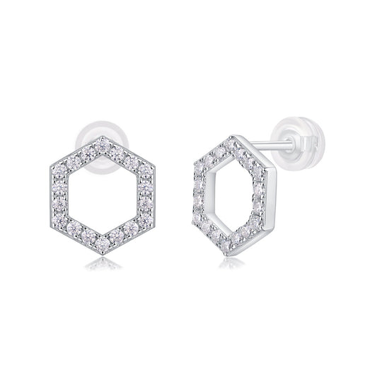 Moissanite Pave Open Hexagon Stud Earrings in 925 Sterling Silver