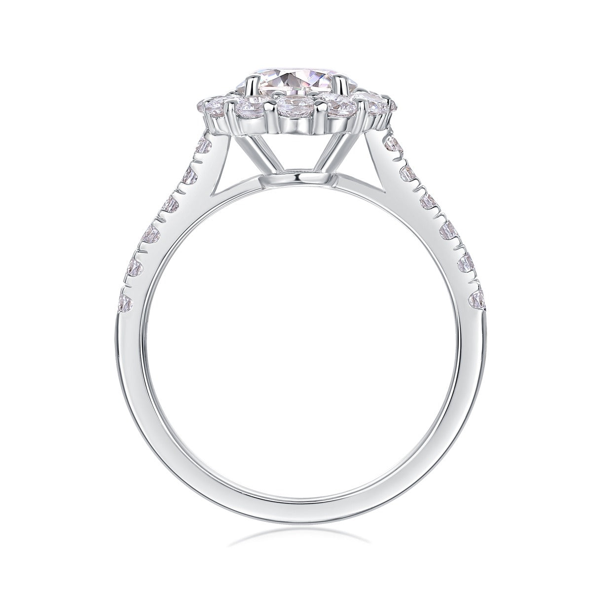 Round Moissanite Floral Halo Ring with Pave Band in 925 Silver