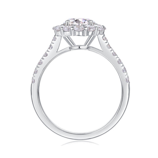 Round Moissanite Floral Halo Ring with Pave Band in 925 Silver