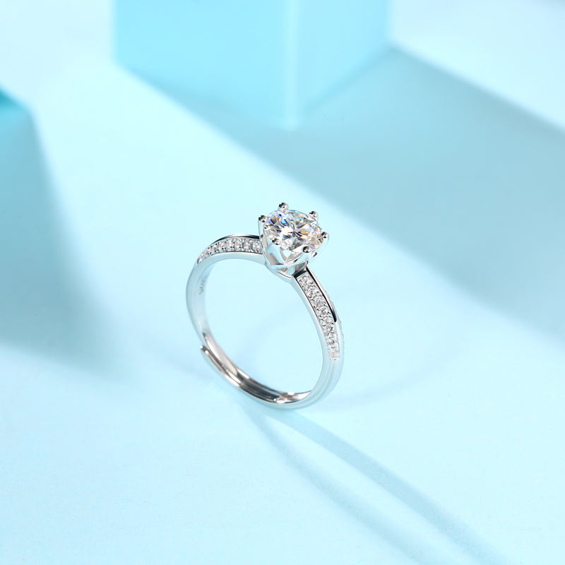Six-Prong Round Moissanite Ring with Pave Band in 925 Sterling Silver