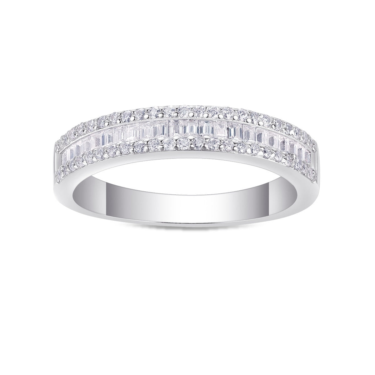 Baguette and Round Moissanite Three-Row Band in 925 Sterling Silver