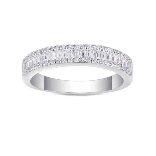 Baguette and Round Moissanite Three-Row Band in 925 Sterling Silver