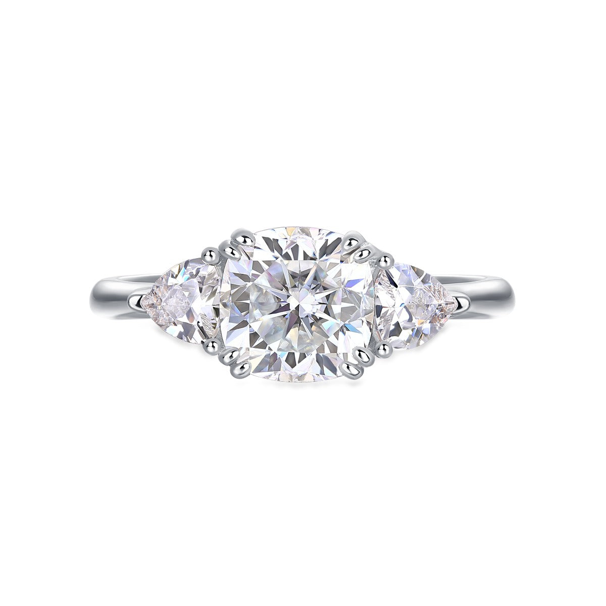 Cushion Moissanite Three-Stone Ring with Pear Sides in 925 Silver
