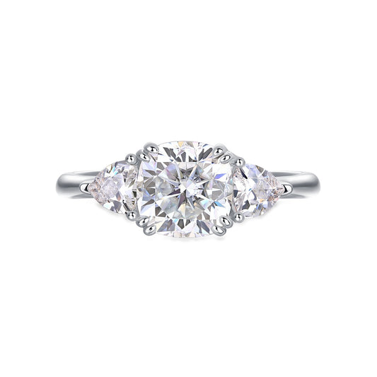 Cushion Moissanite Three-Stone Ring with Pear Sides in 925 Silver