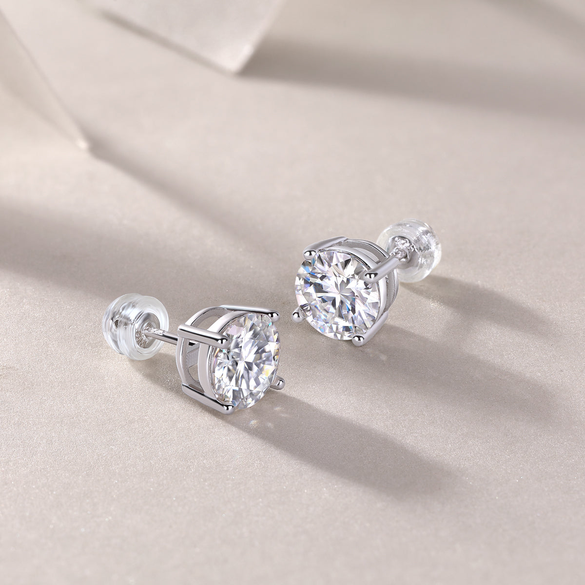 Round Moissanite Four-Prong Solitaire Stud Earrings in 925 Silver